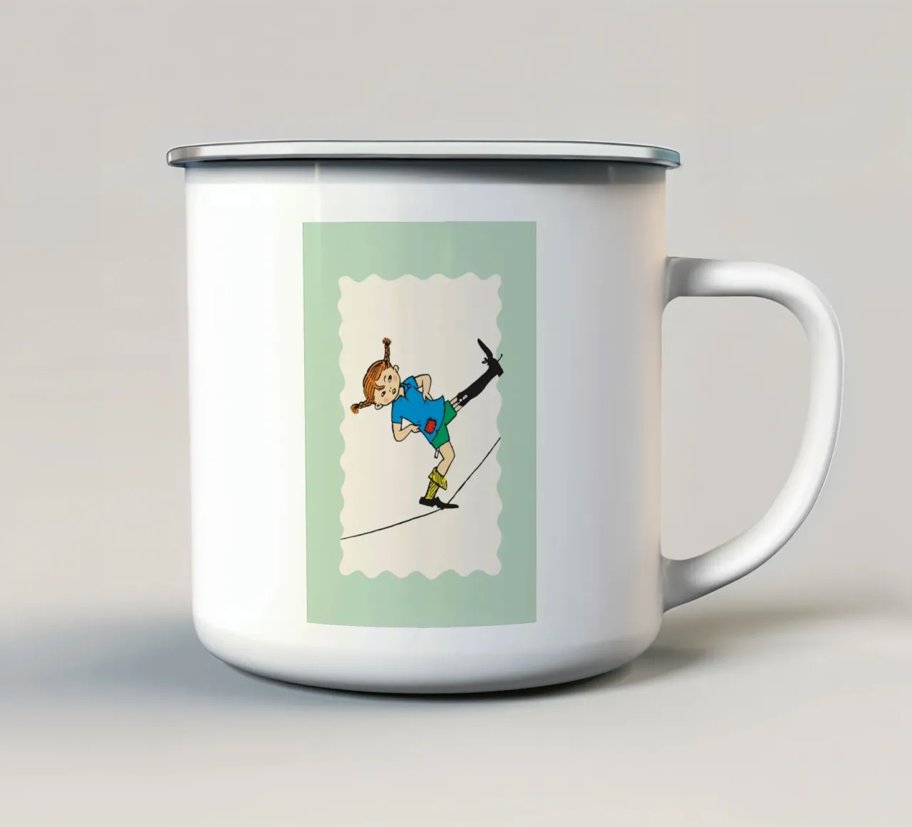 Poster per l'equilibrio di Pippi Calzelunghe tazza in smalto da wongka shop