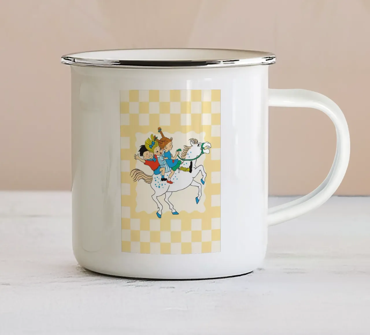 Poster per l'equitazione di Pippi Calzelunghe tazza in smalto da wongka shop