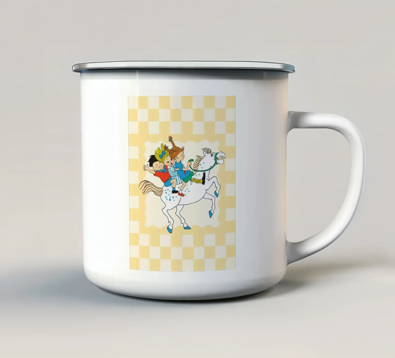 Poster per l'equitazione di Pippi Calzelunghe tazza in smalto da wongka shop