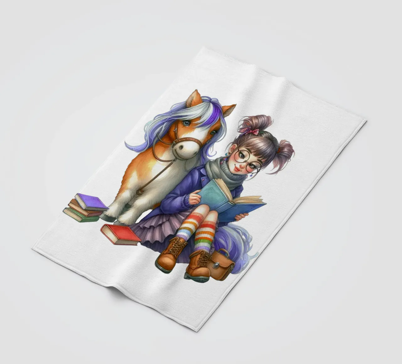 Ragazza eccentrica con il suo pony e i suoi libri coperta in pile da Whiskers & Ink Kreations