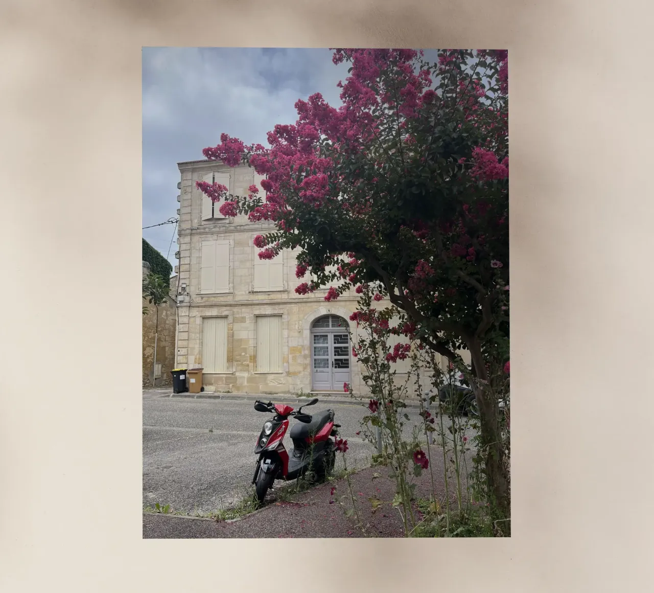 Moto davanti a una casa beige con un cespuglio fiorito in Francia pellicola backlit da Sous le ciel