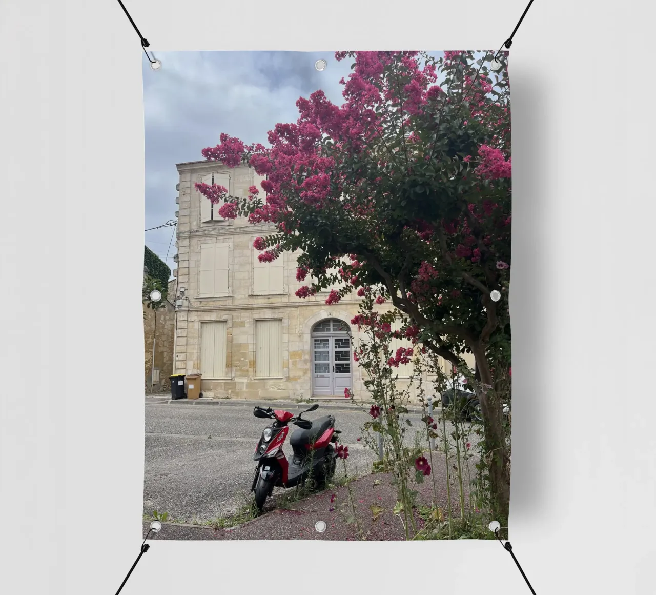 Moto davanti a una casa beige con un cespuglio fiorito in Francia telo in pvc da Sous le ciel