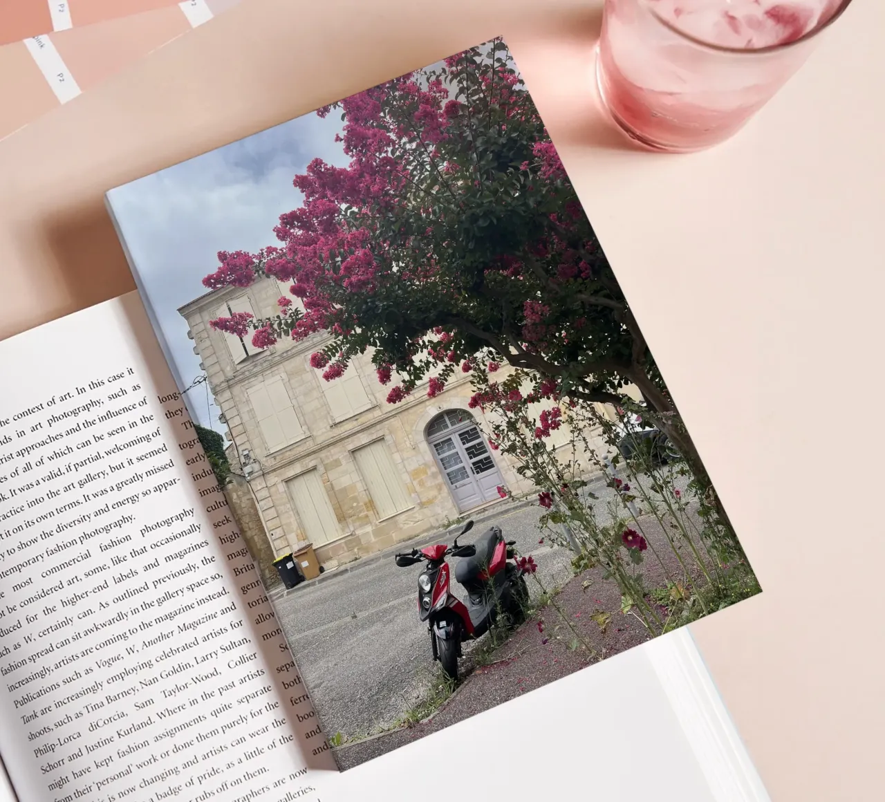 Motorbike in front of a beige house with a flowering shrub in France notebook by Sous le ciel