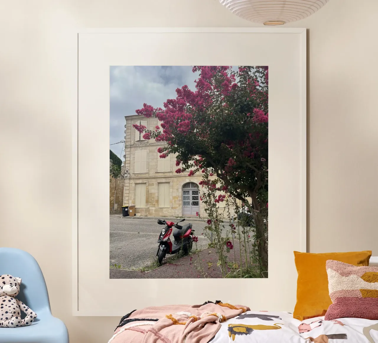 Motorbike in front of a beige house with a flowering shrub in France poster with aluminum frame by Sous le ciel