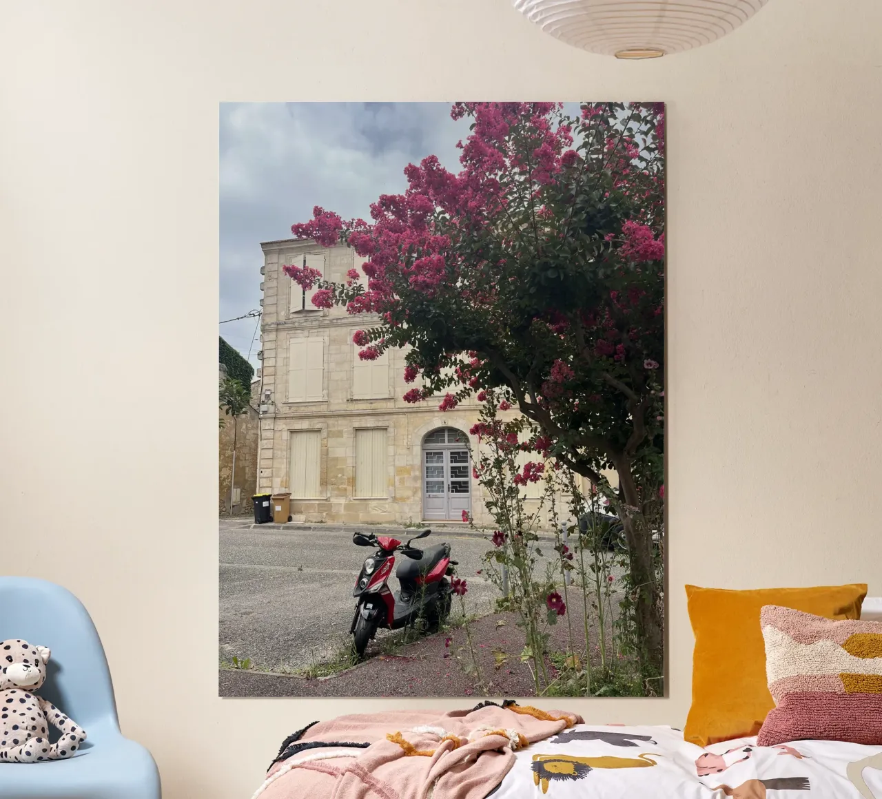Motorbike in front of a beige house with a flowering shrub in France poster with aluminum frame by Sous le ciel