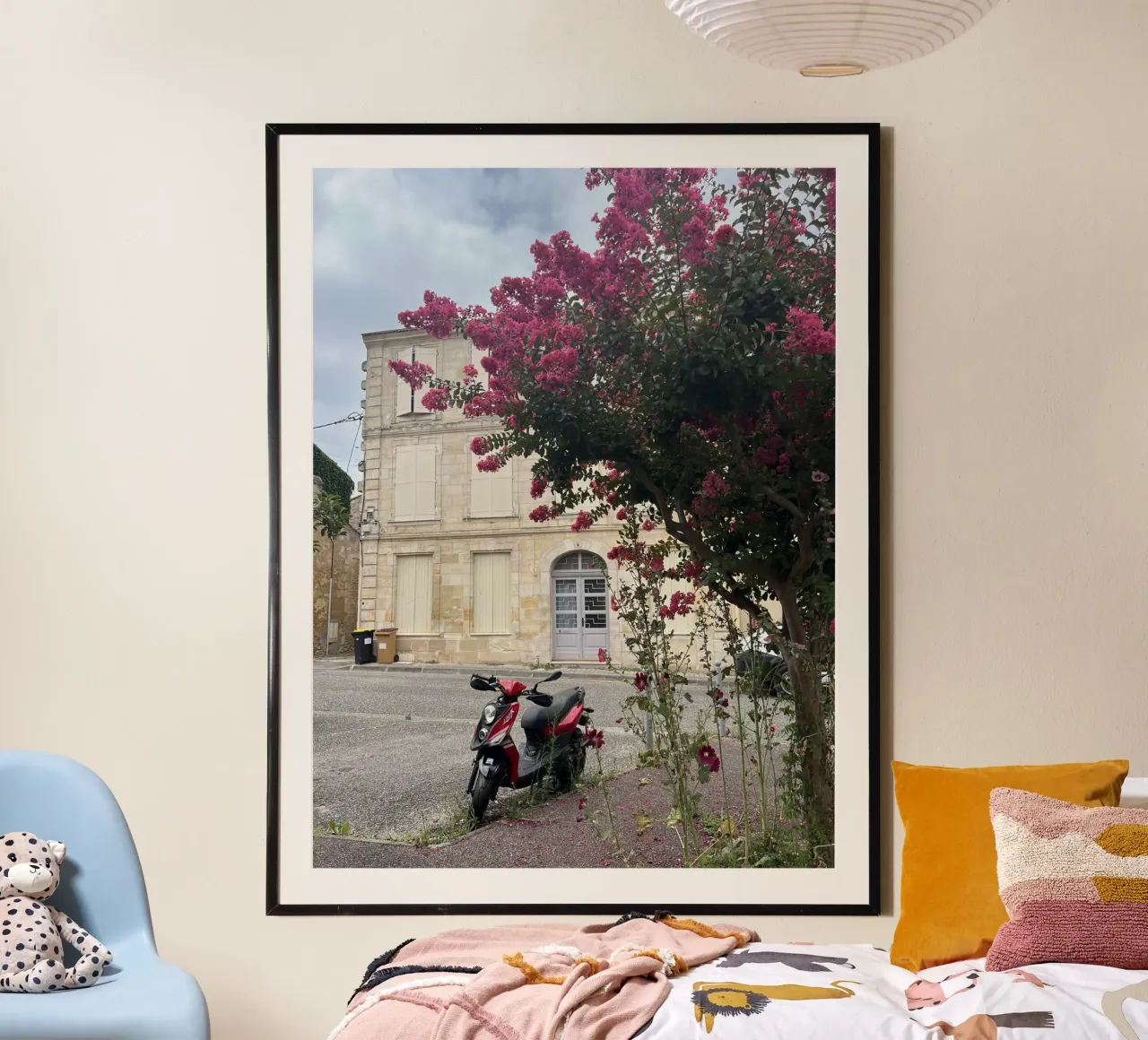 Motorbike in front of a beige house with a flowering shrub in France poster with aluminum frame by Sous le ciel