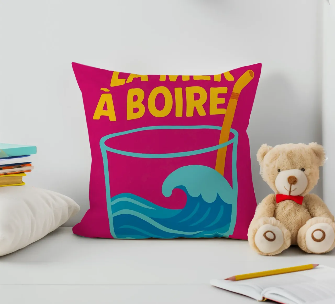C'est pas la mer à boire - The punchy poster that puts t into perspective decorative cushion by Art Typo Essentiel