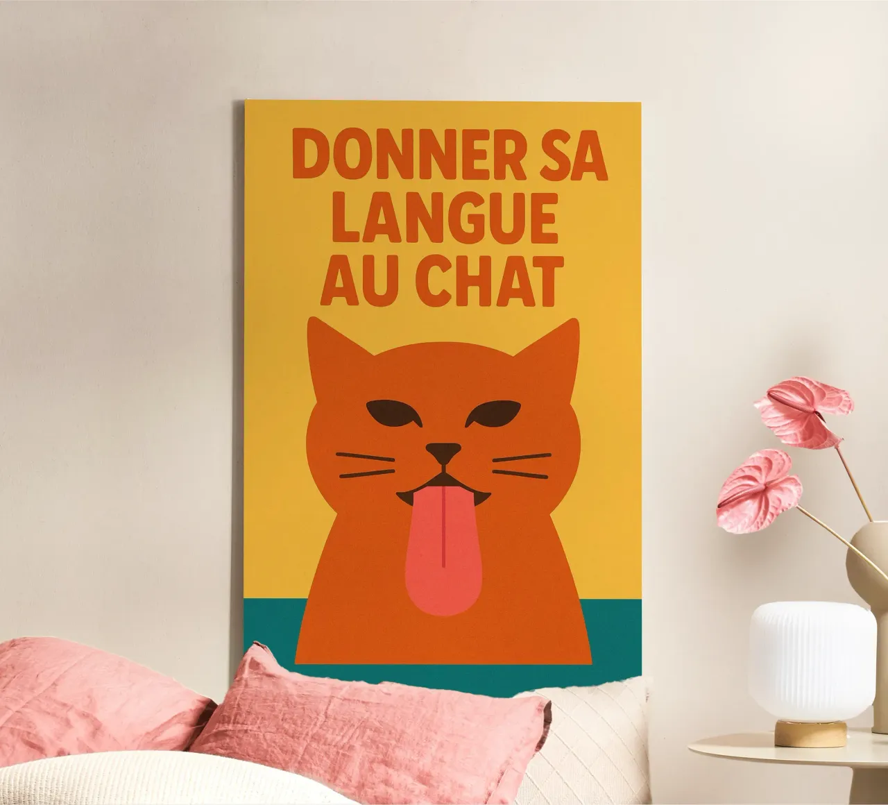 Giving your tongue to the cat - The clever feline poster canvas with Floater frame by Art Typo Essentiel