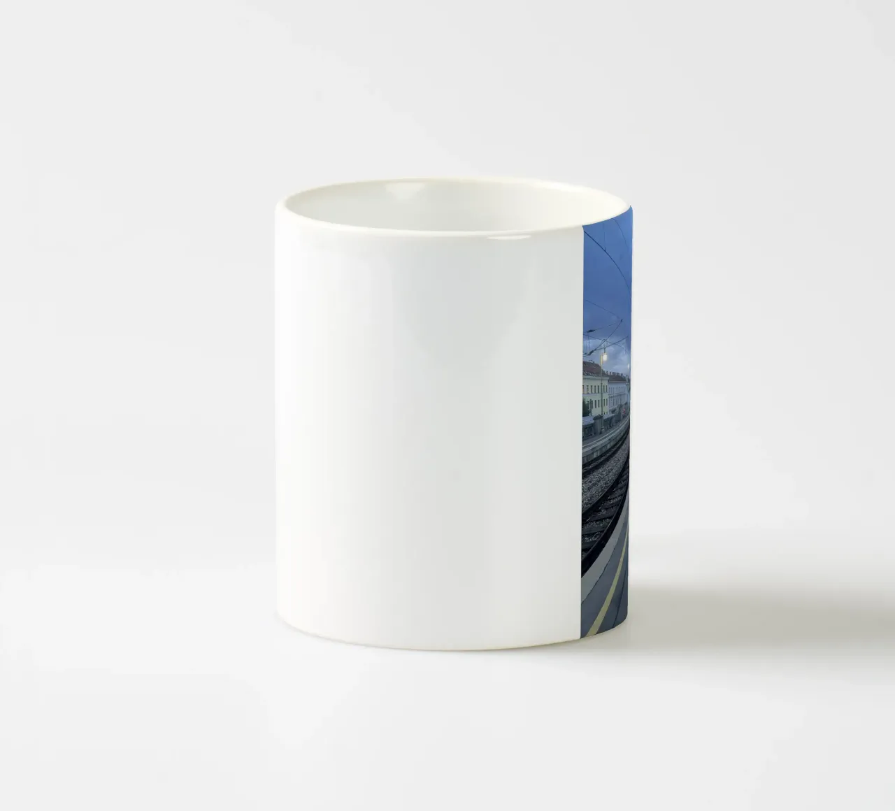 Railway station in Vienna under an overcast sky ceramic mug by Sous le ciel
