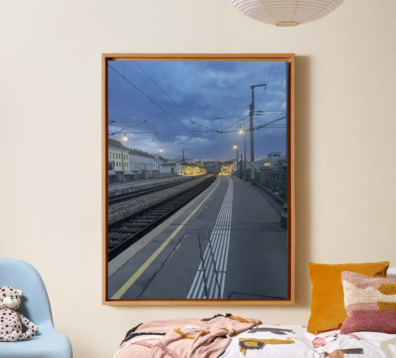 Railway station in Vienna under an overcast sky canvas with Floater frame by Sous le ciel