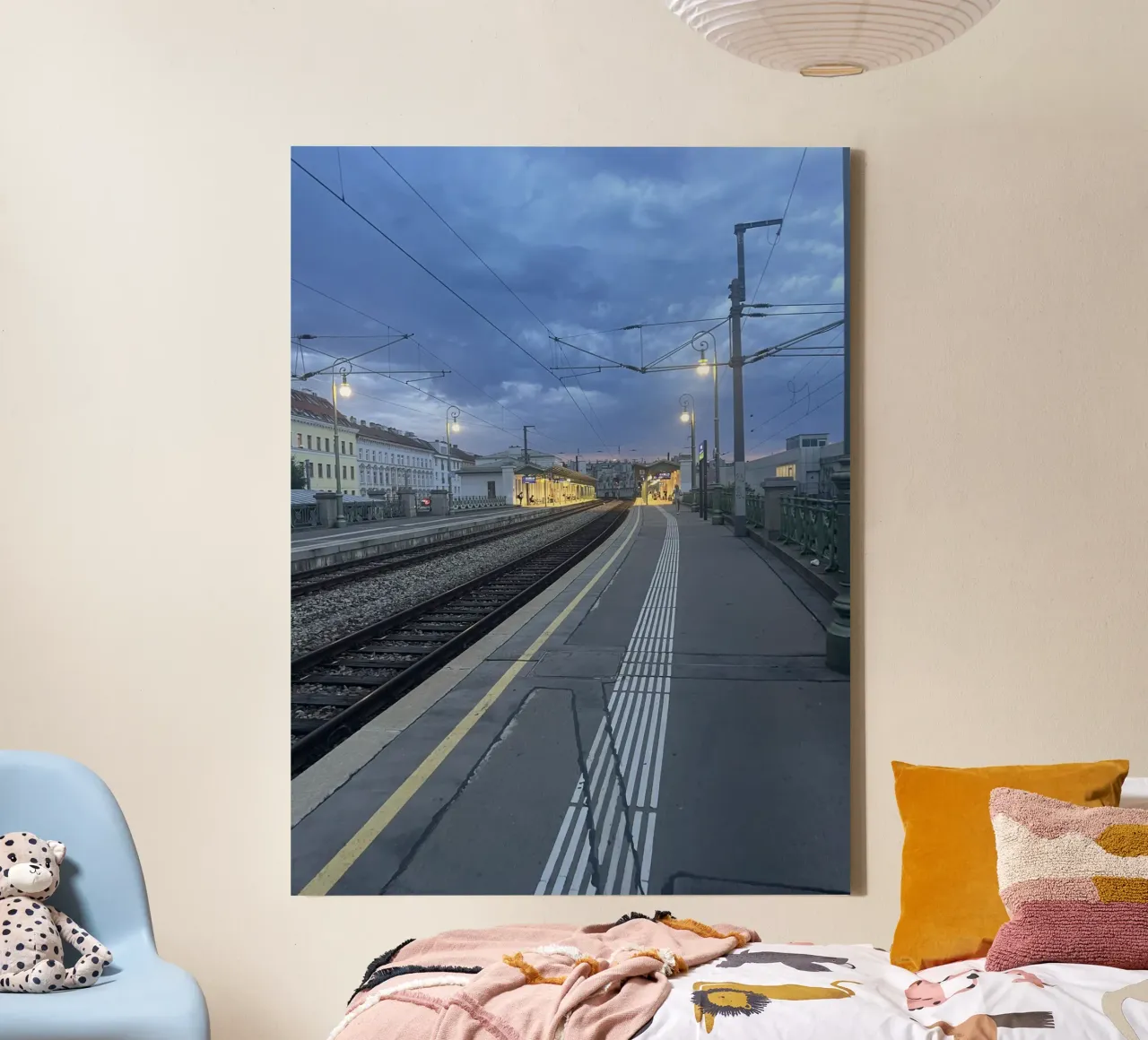 Railway station in Vienna under an overcast sky canvas with Floater frame by Sous le ciel