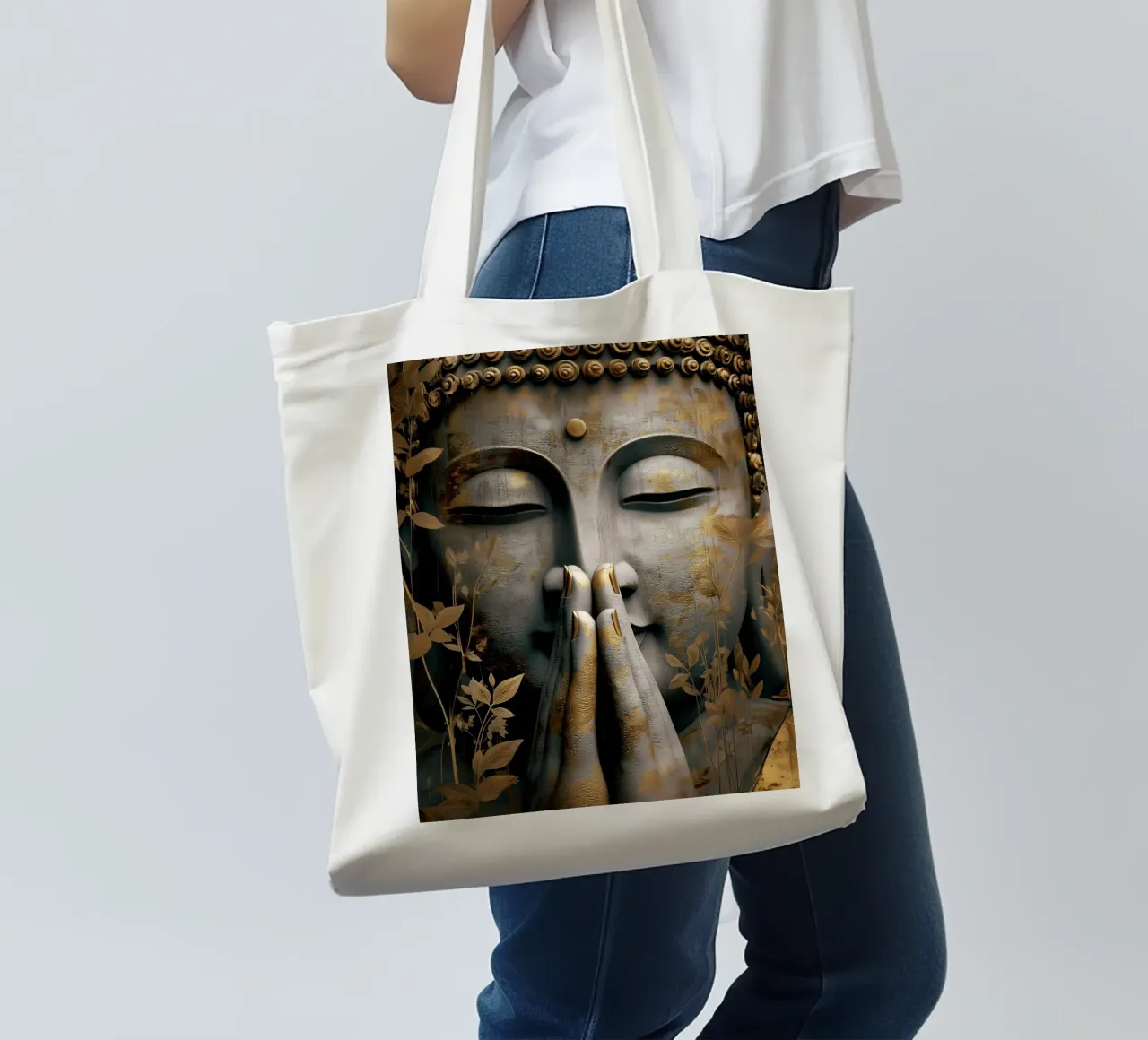 Buddha meditativo in un elegante look in argento e oro borsa in juta da Autofocus