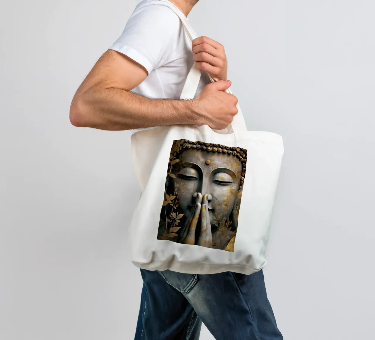 Buddha meditativo in un elegante look in argento e oro borsa in juta da Autofocus
