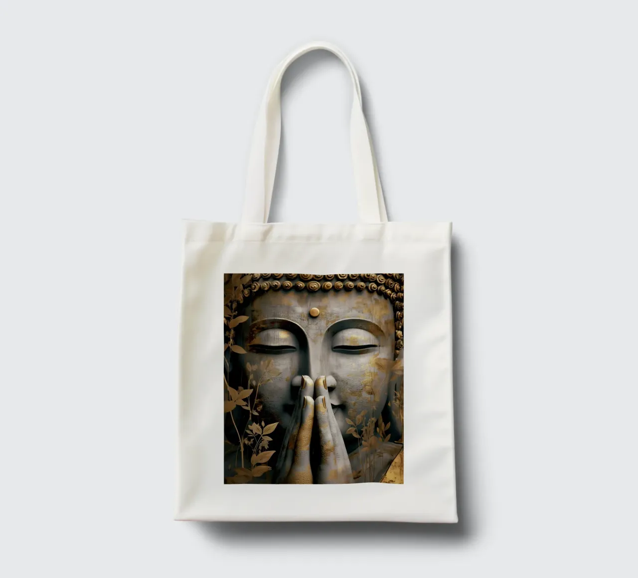 Buddha meditativo in un elegante look in argento e oro borsa in juta da Autofocus