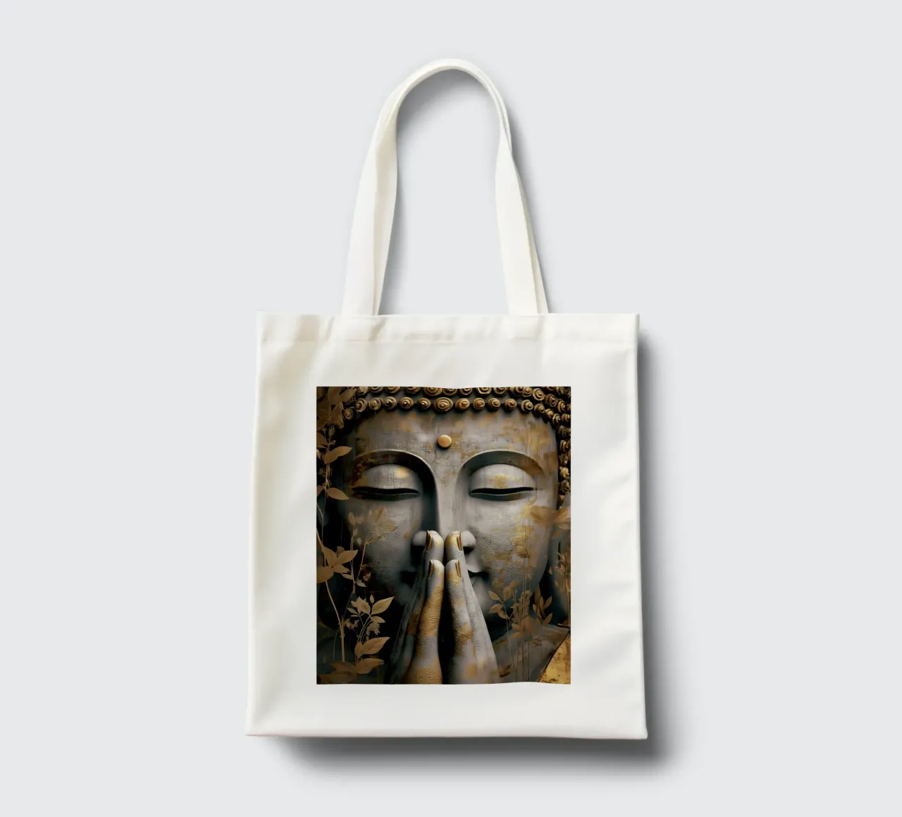 Buddha meditativo in un elegante look in argento e oro borsa in juta da Autofocus