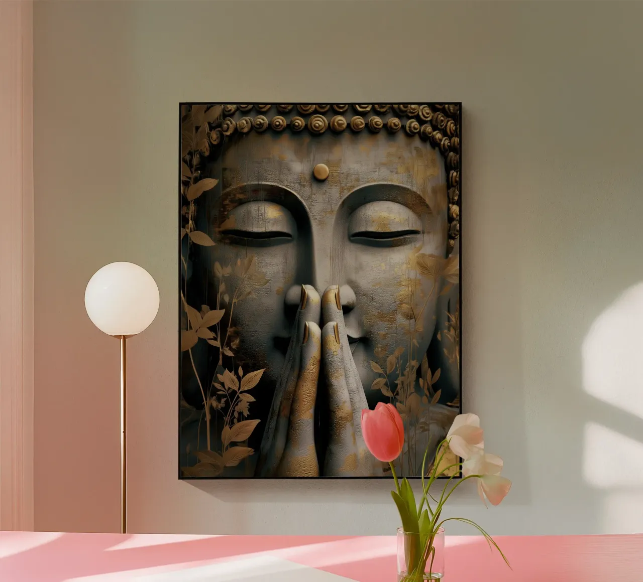 Buddha meditativo in un elegante look in argento e oro plexiglass da Autofocus