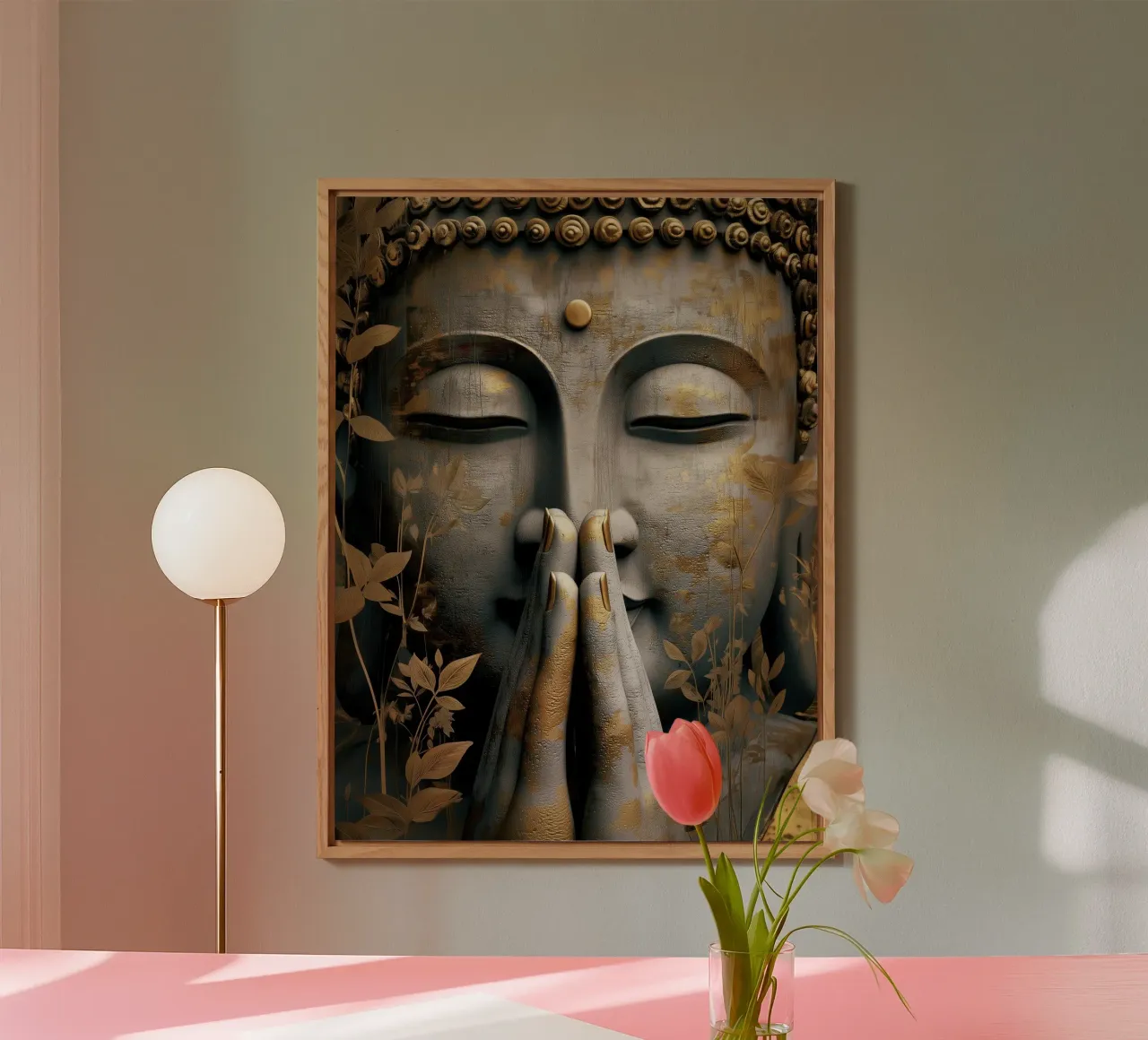 Buddha meditativo in un elegante look in argento e oro alluminio dibond da Autofocus