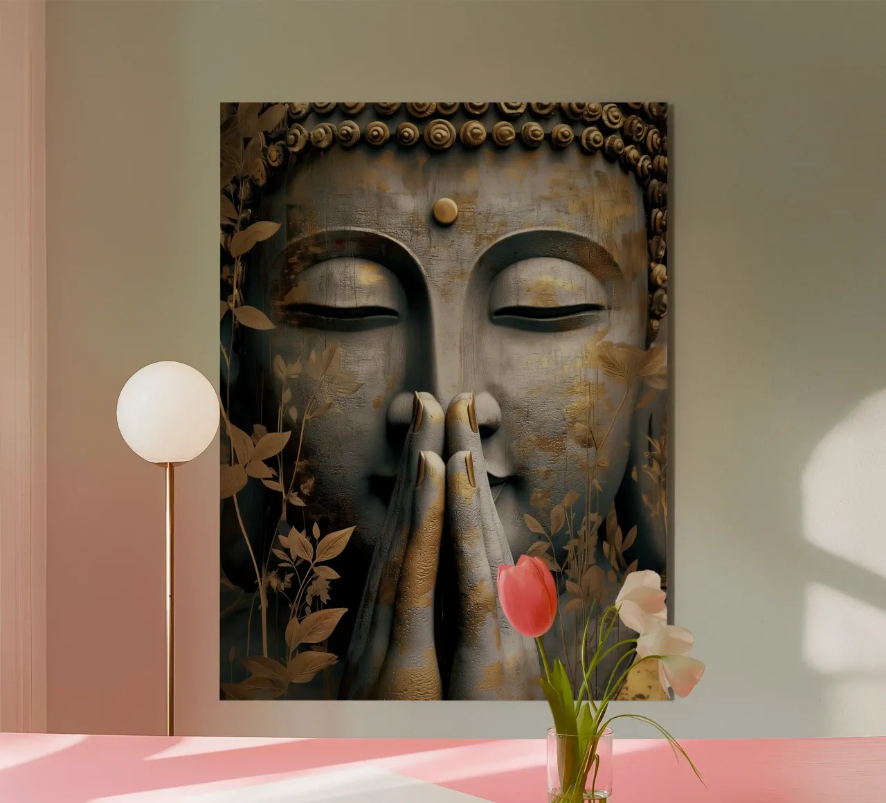 Buddha meditativo in un elegante look in argento e oro alluminio dibond da Autofocus