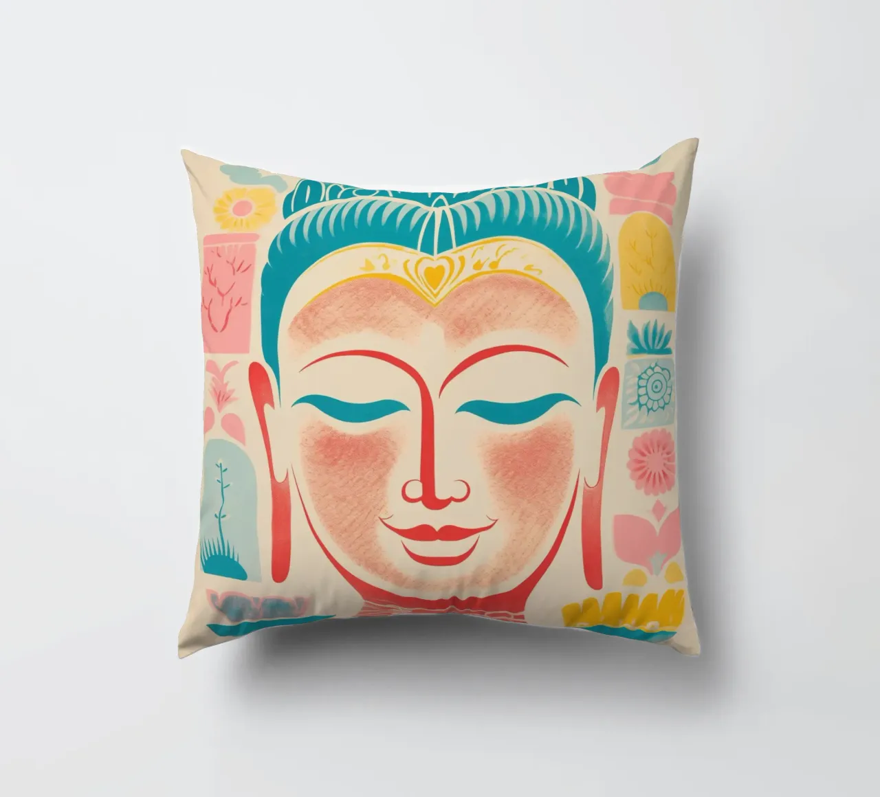 Buddha scandinavo giocoso e design di metà secolo cuscino da Autofocus