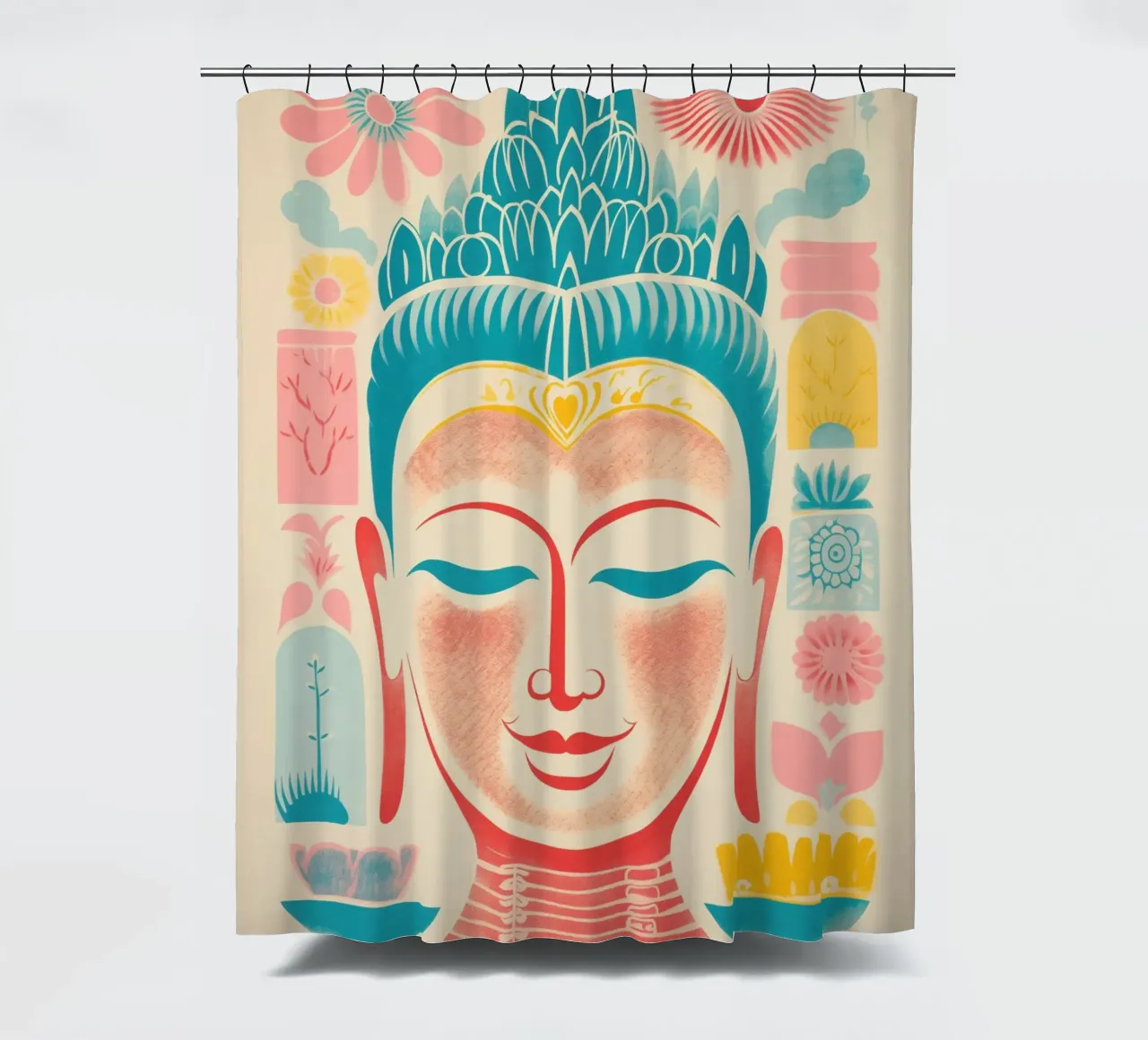 Buddha scandinavo giocoso e design di metà secolo tenda da doccia da Autofocus