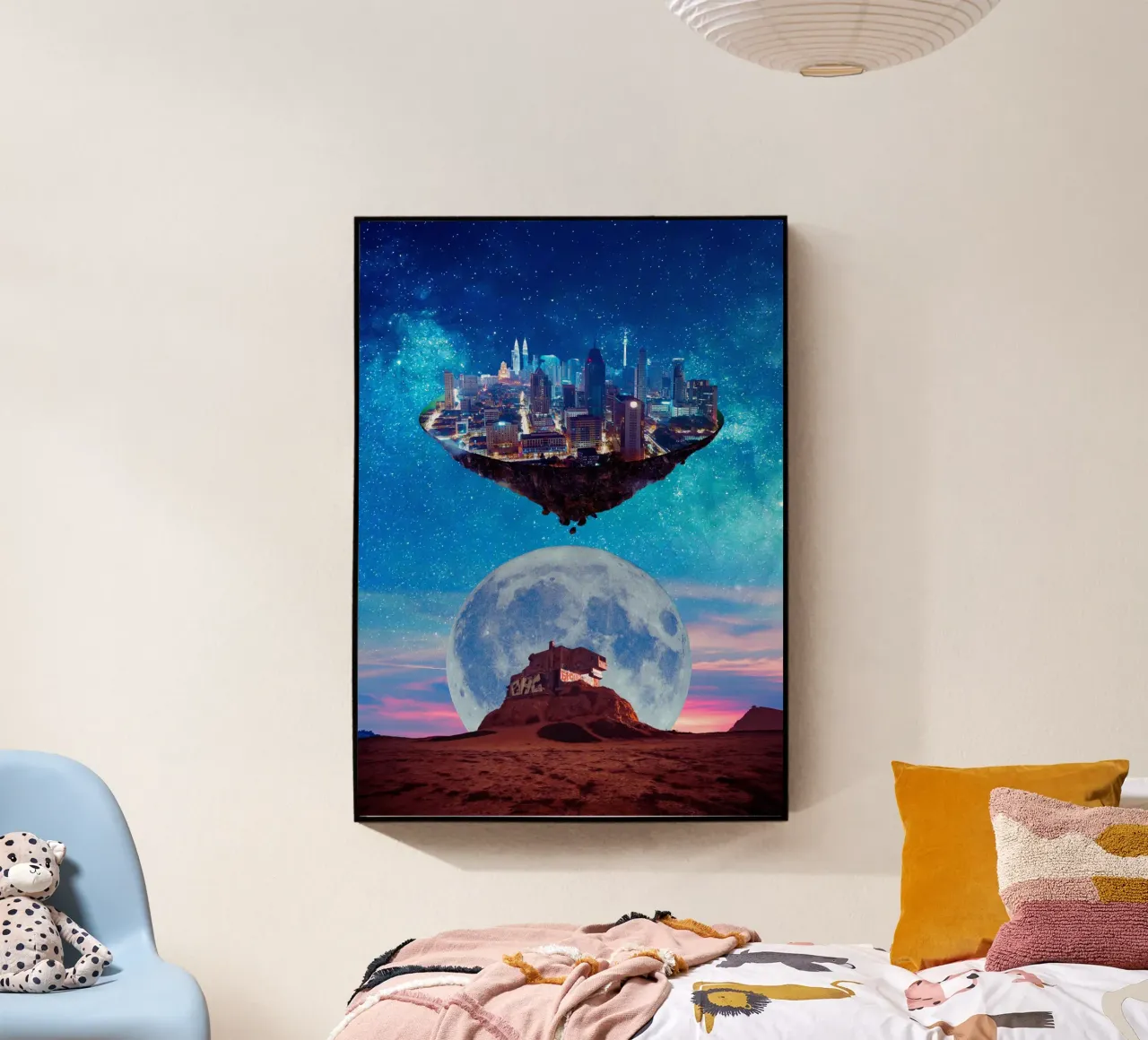 Surreale Stadtlandschaft mit Mond und Sternen Acryl-Glas von Berwies Artwork