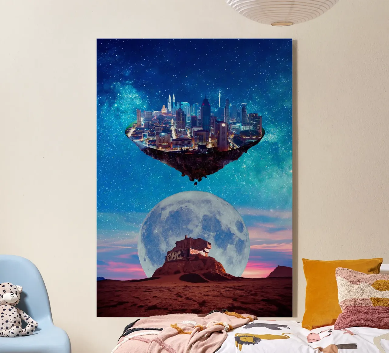 Surreale Stadtlandschaft mit Mond und Sternen Acryl-Glas von Berwies Artwork