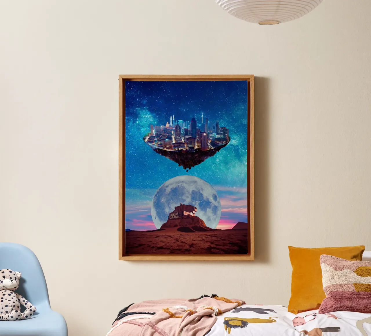 Surreal Cityscape with Moon and Stars canvas with Floater frame by Berwies Artwork