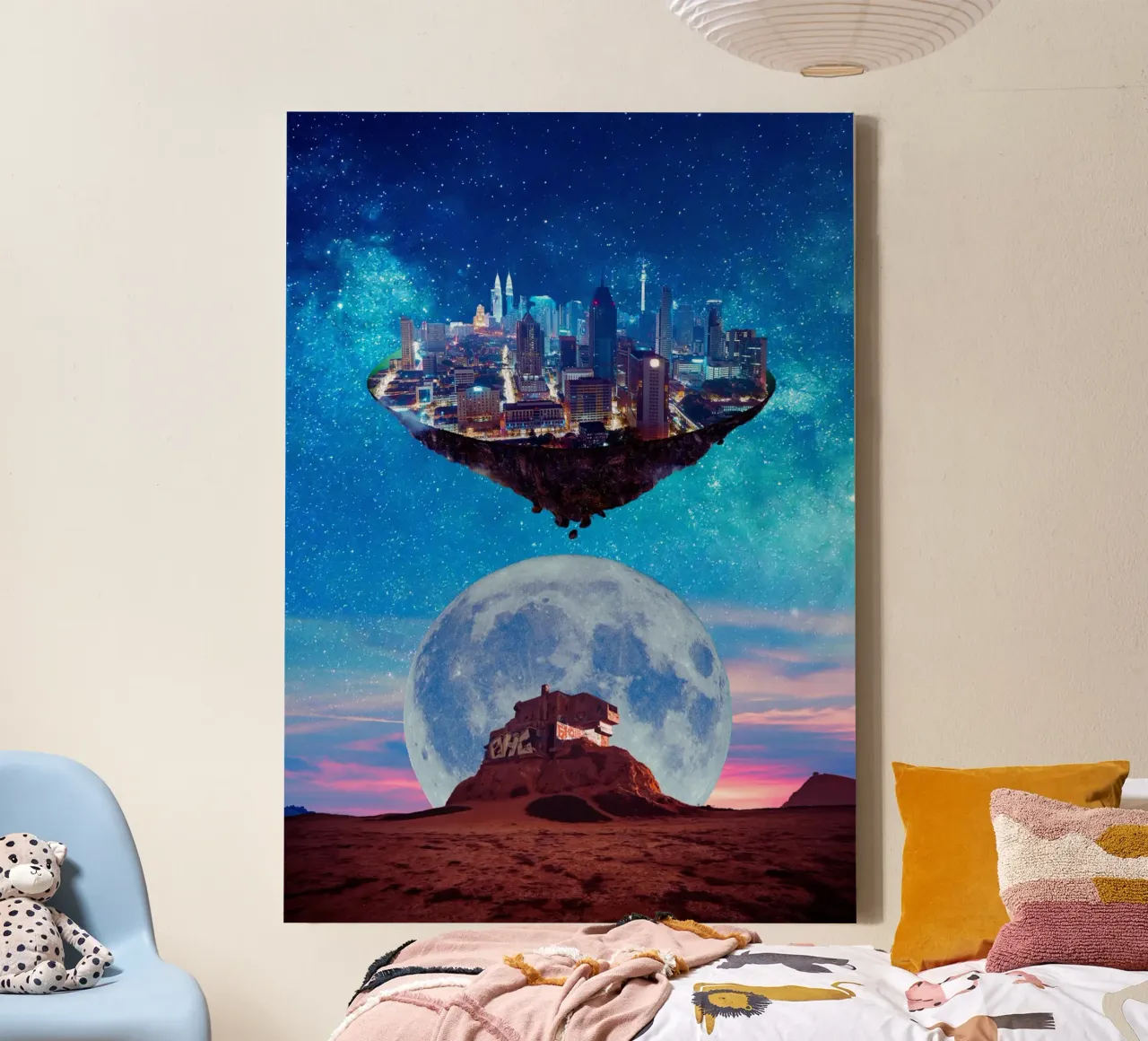 Surreal Cityscape with Moon and Stars canvas with Floater frame by Berwies Artwork