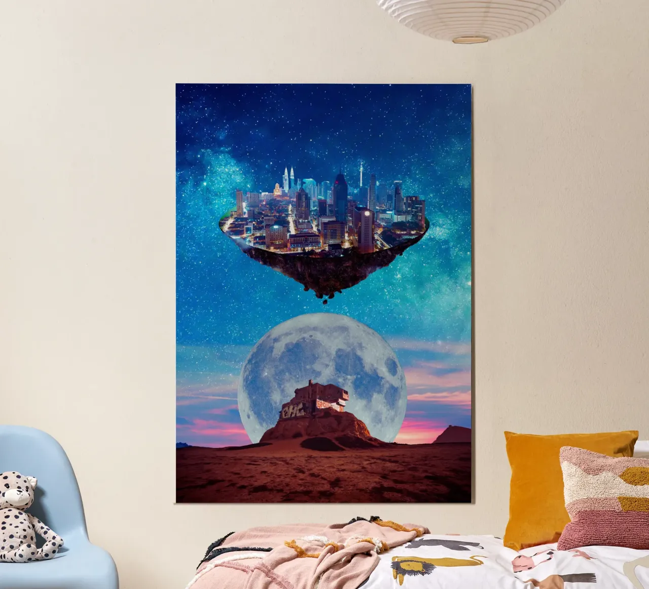 Surreale Stadtlandschaft mit Mond und Sternen Poster mit Holzrahmen von Berwies Artwork
