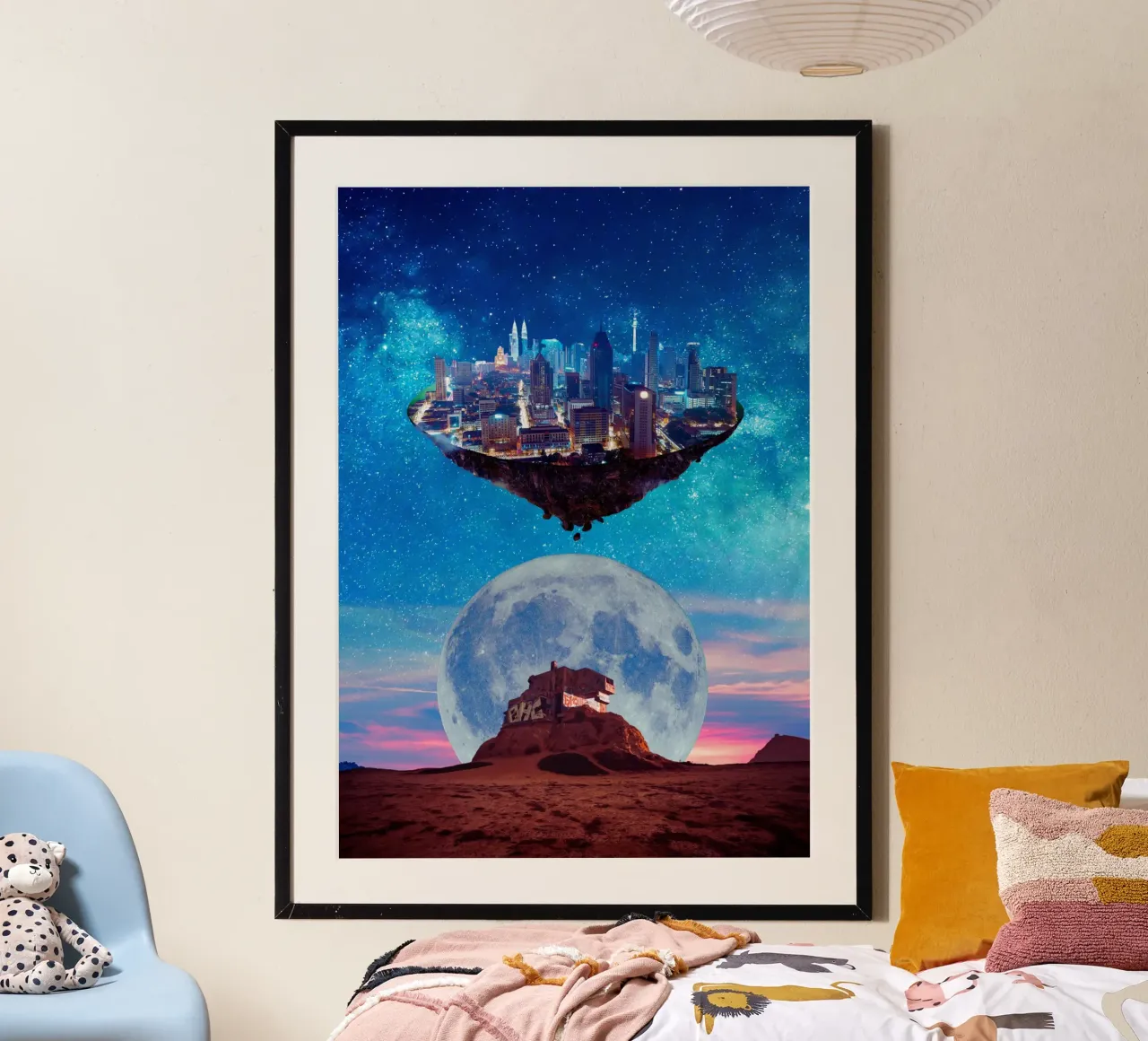 Surreale Stadtlandschaft mit Mond und Sternen Poster mit Holzrahmen von Berwies Artwork