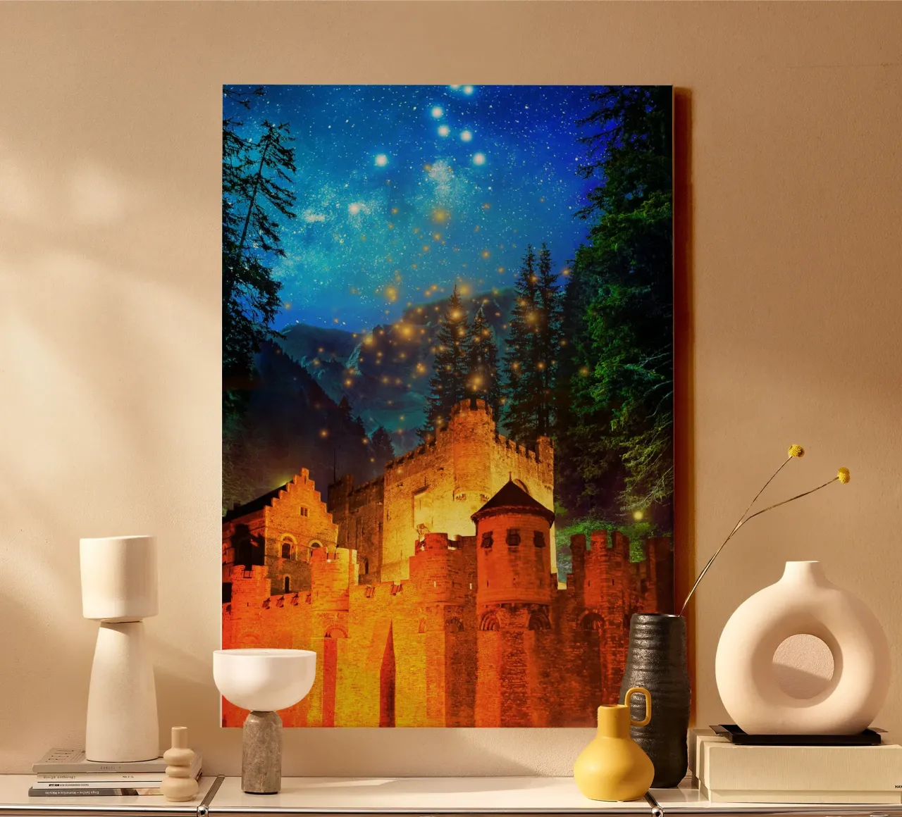 Castello notturno sotto il cielo stellato tela con Cornice a cassetta da Berwies Artwork