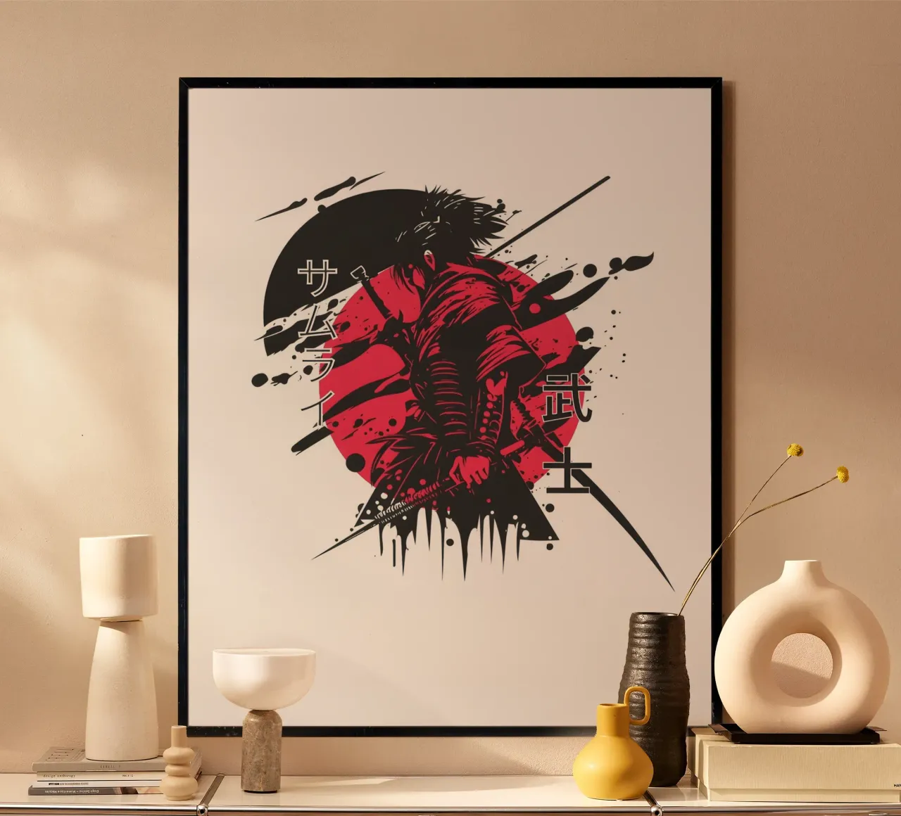 Rote Samurai-Krieger-Grafik Poster mit Kunststoffrahmen von Olivia Creator
