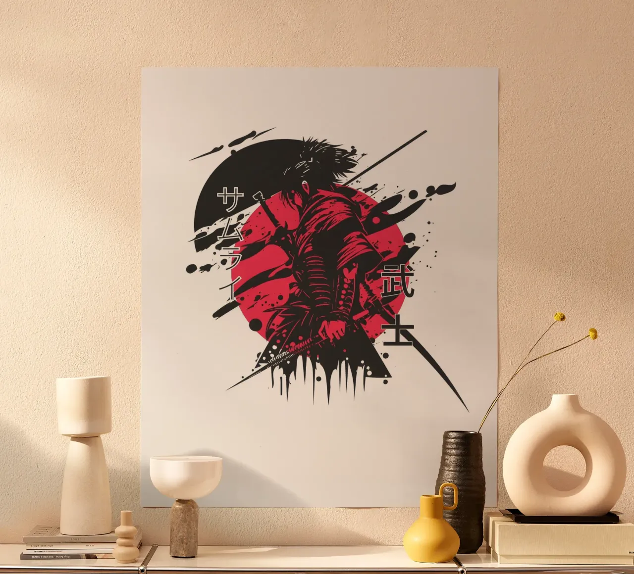 Rote Samurai-Krieger-Grafik Poster mit Kunststoffrahmen von Olivia Creator