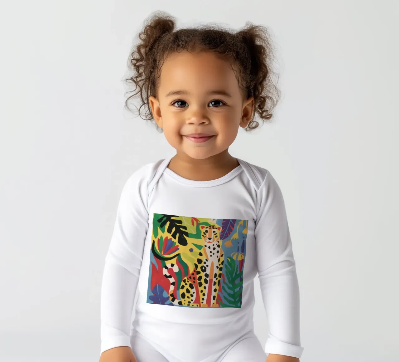 Jungle Cheetah Repose long-sleeve baby romper by Flock Reverie
