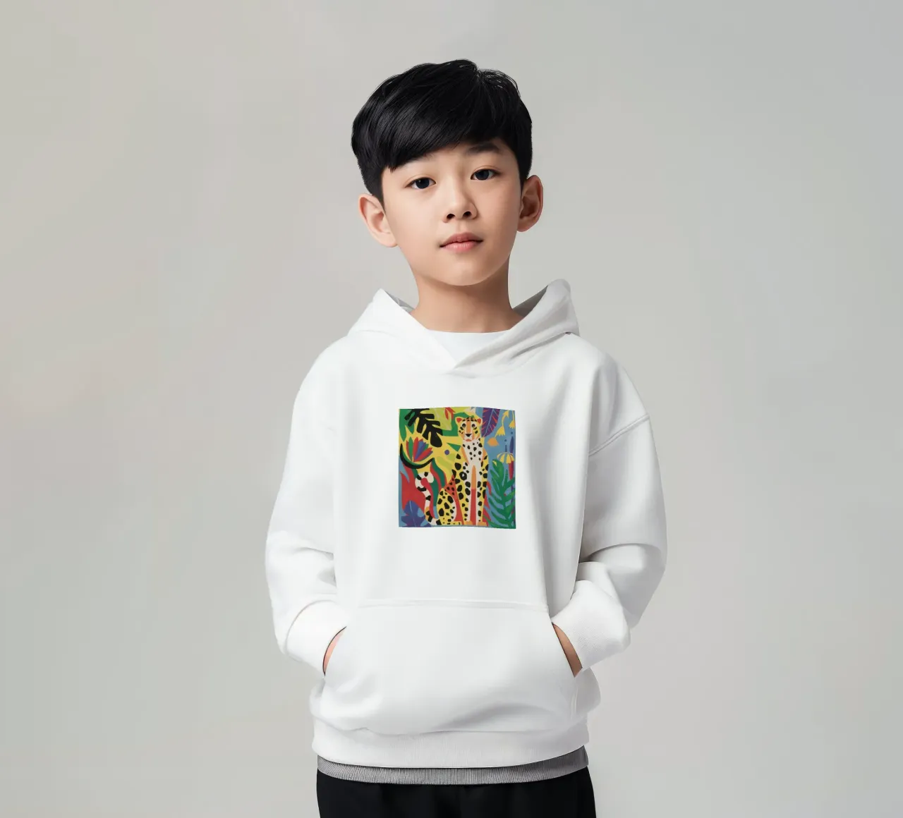 Jungle Cheetah Repose kids hoodie by Flock Reverie