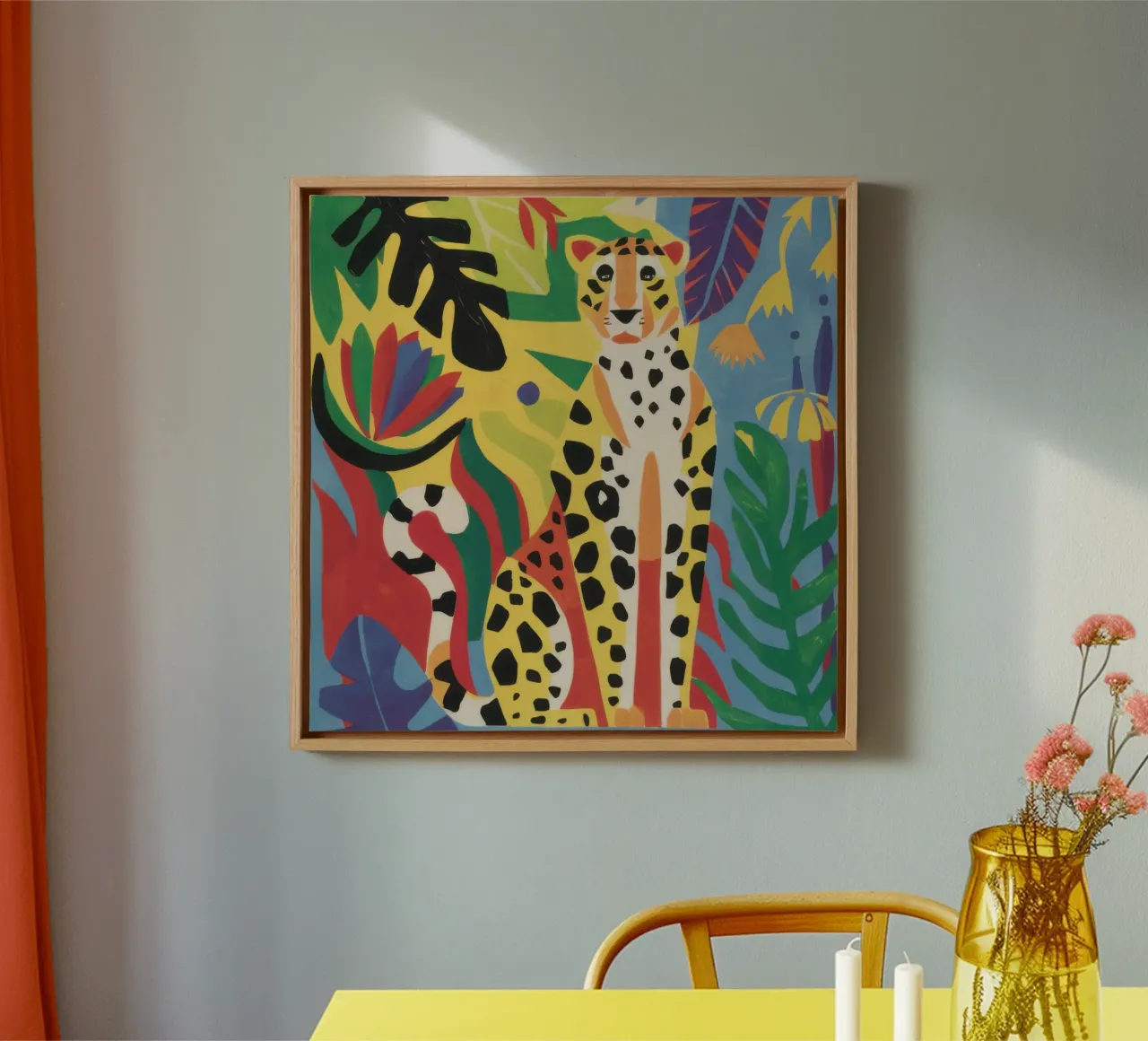 Jungle Cheetah Repose canvas with Floater frame by Flock Reverie