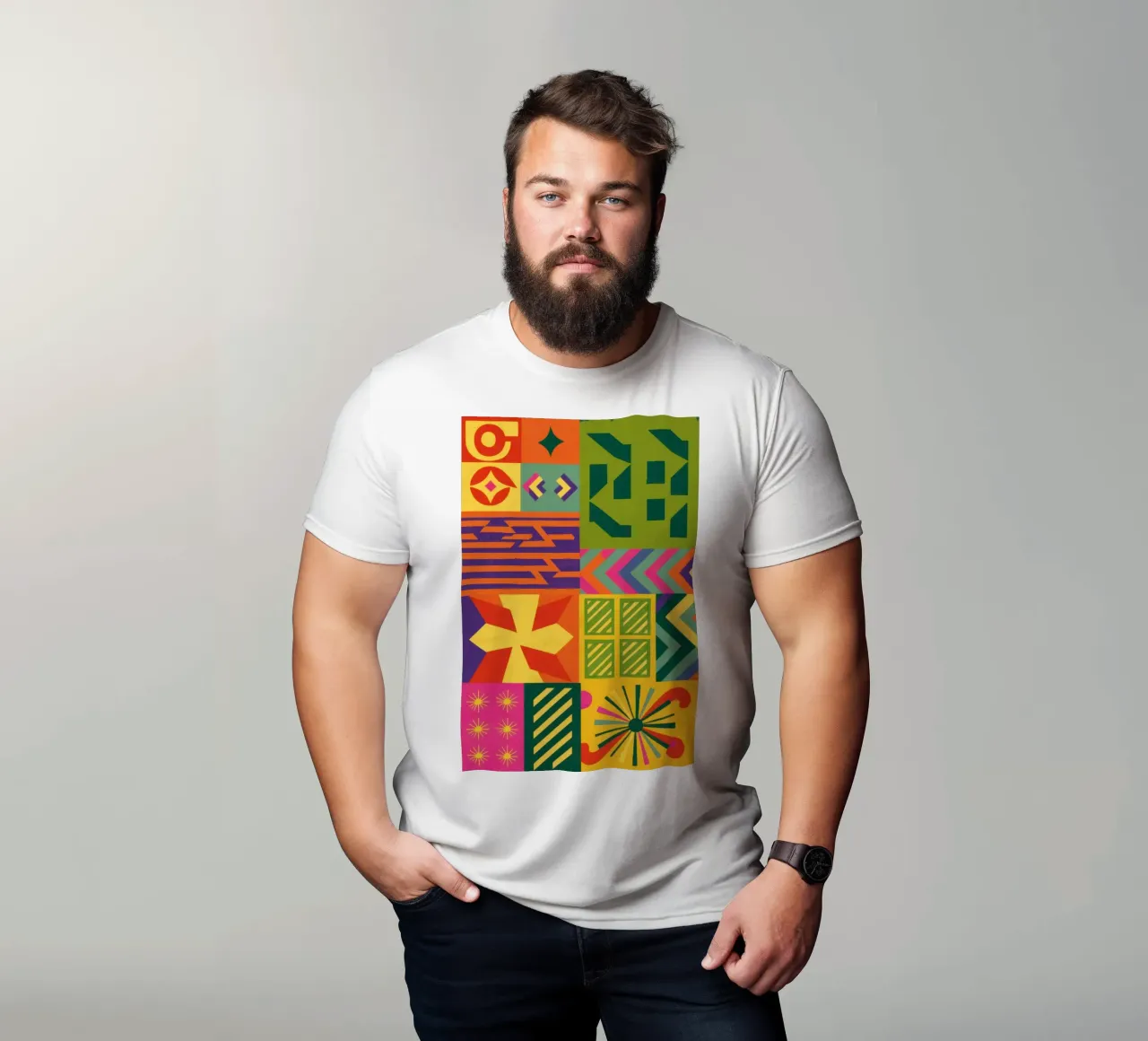 Chromatic Geometric Patchwork t-shirt by Prism Ritual