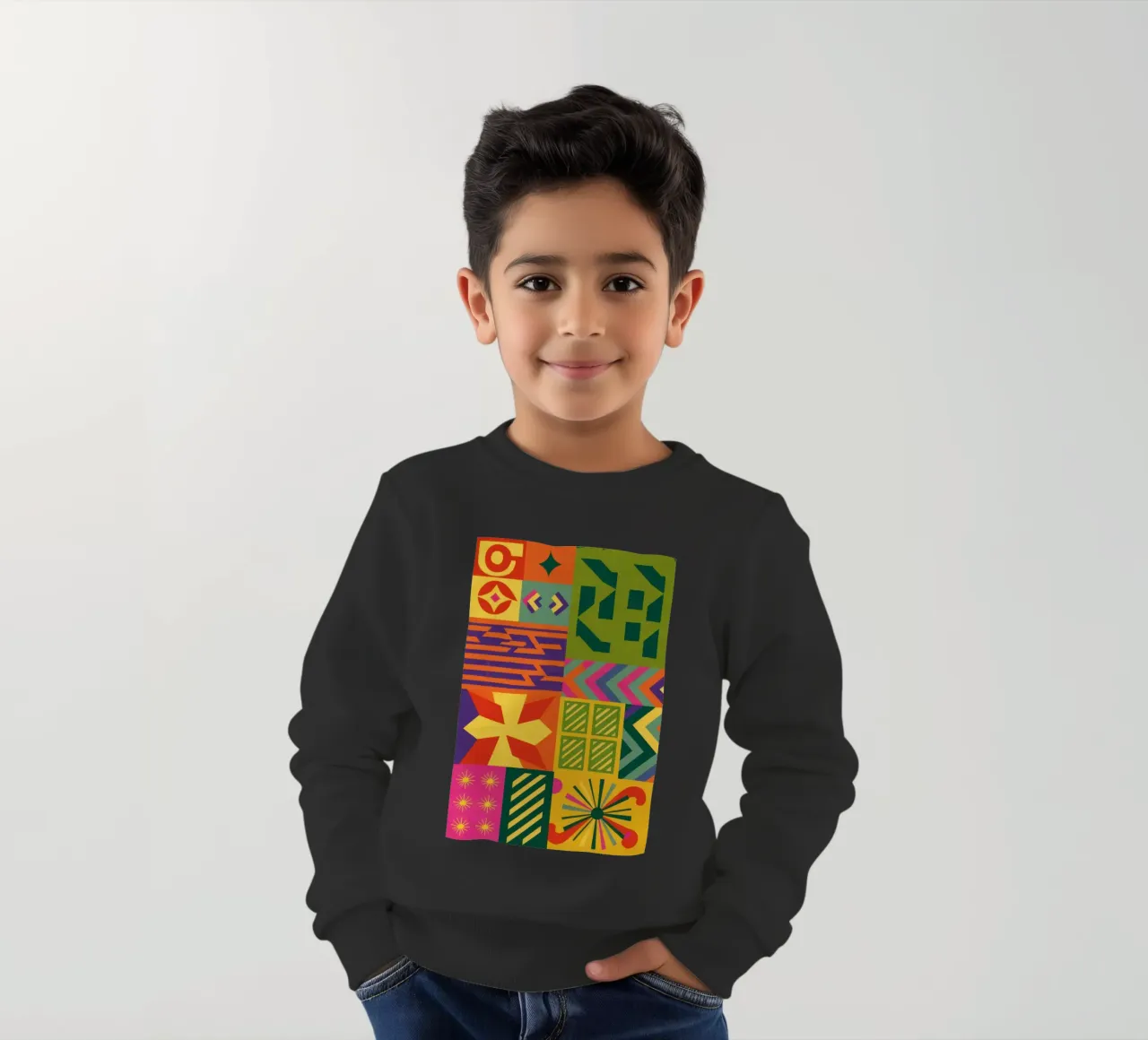 Patchwork geometrico cromatico felpa bambino da Prism Ritual
