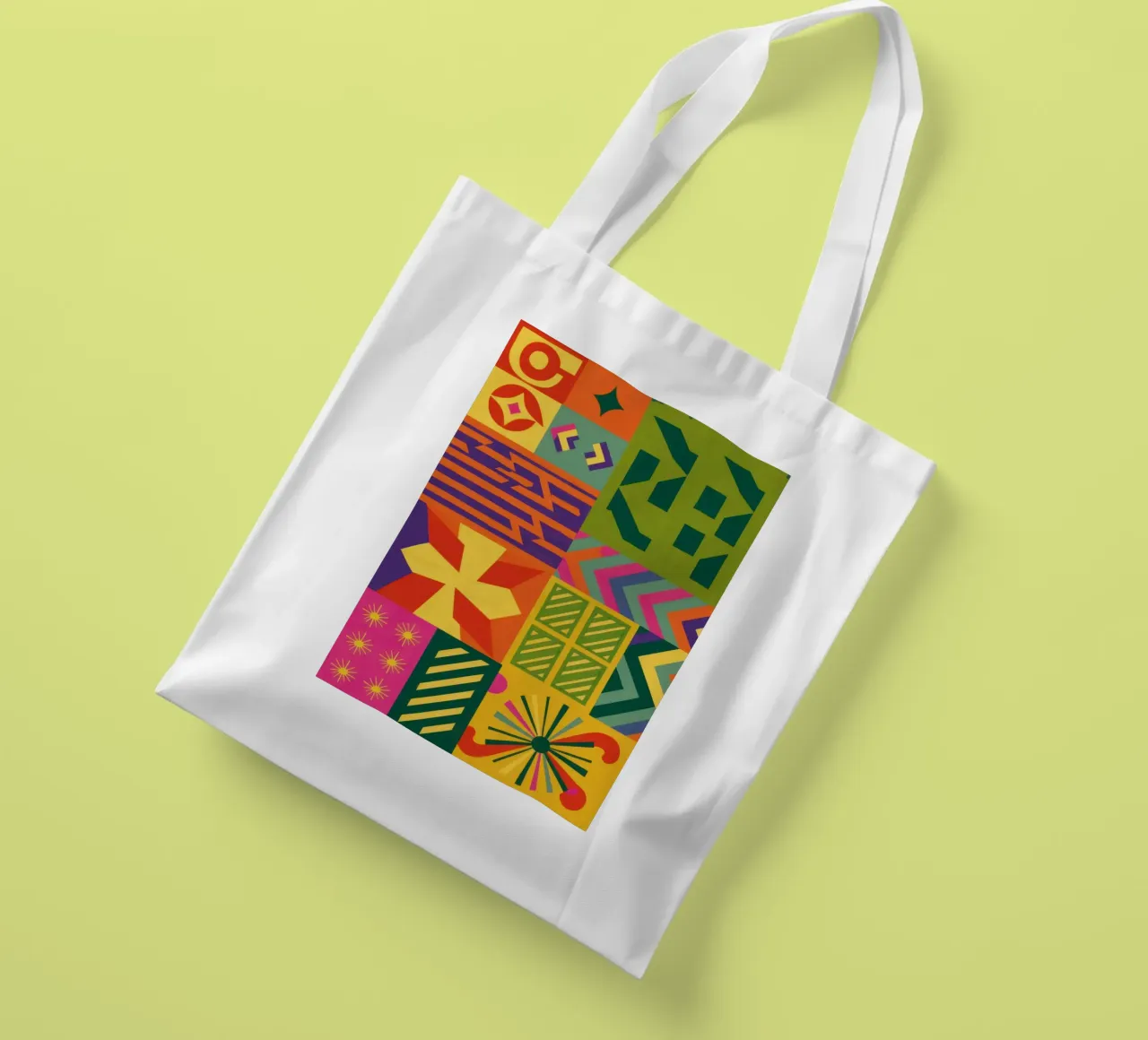 Patchwork geometrico cromatico borsa in juta da Prism Ritual