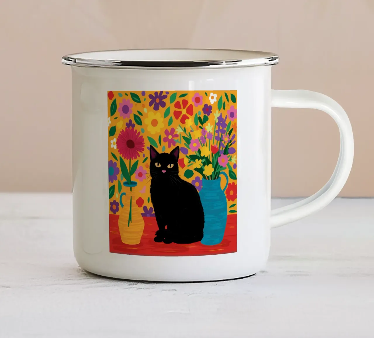 Il gatto del giardino di mezzanotte tazza in smalto da Ink Pulse