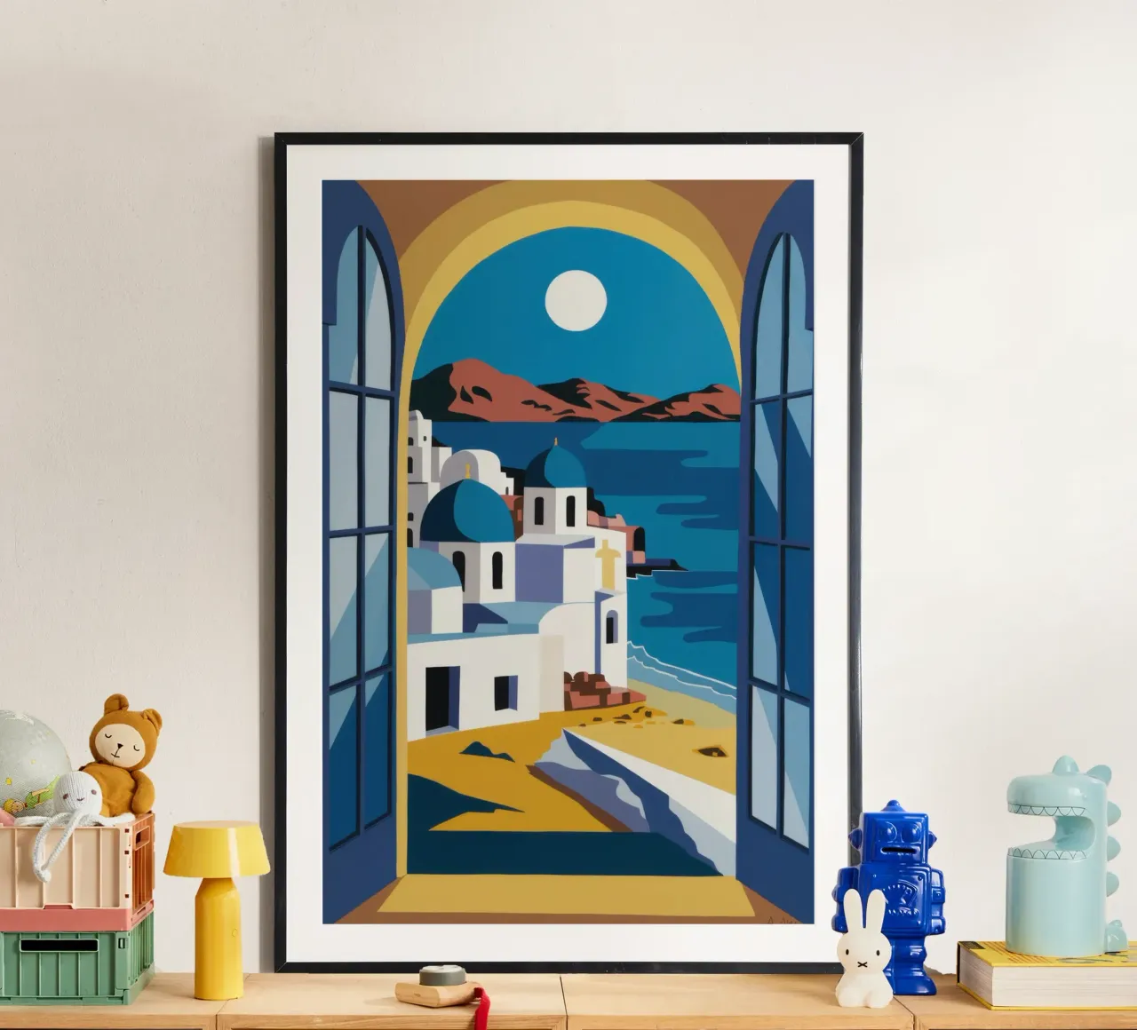 Azurblauer Bogen Santorin Poster mit Kunststoffrahmen von Dream Gesso