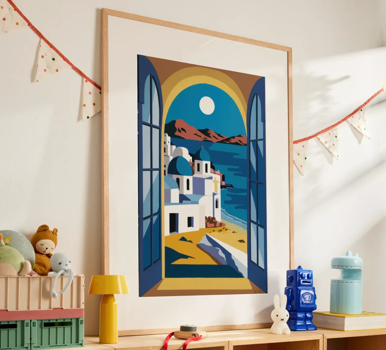 Azurblauer Bogen Santorin Poster mit Kunststoffrahmen von Dream Gesso