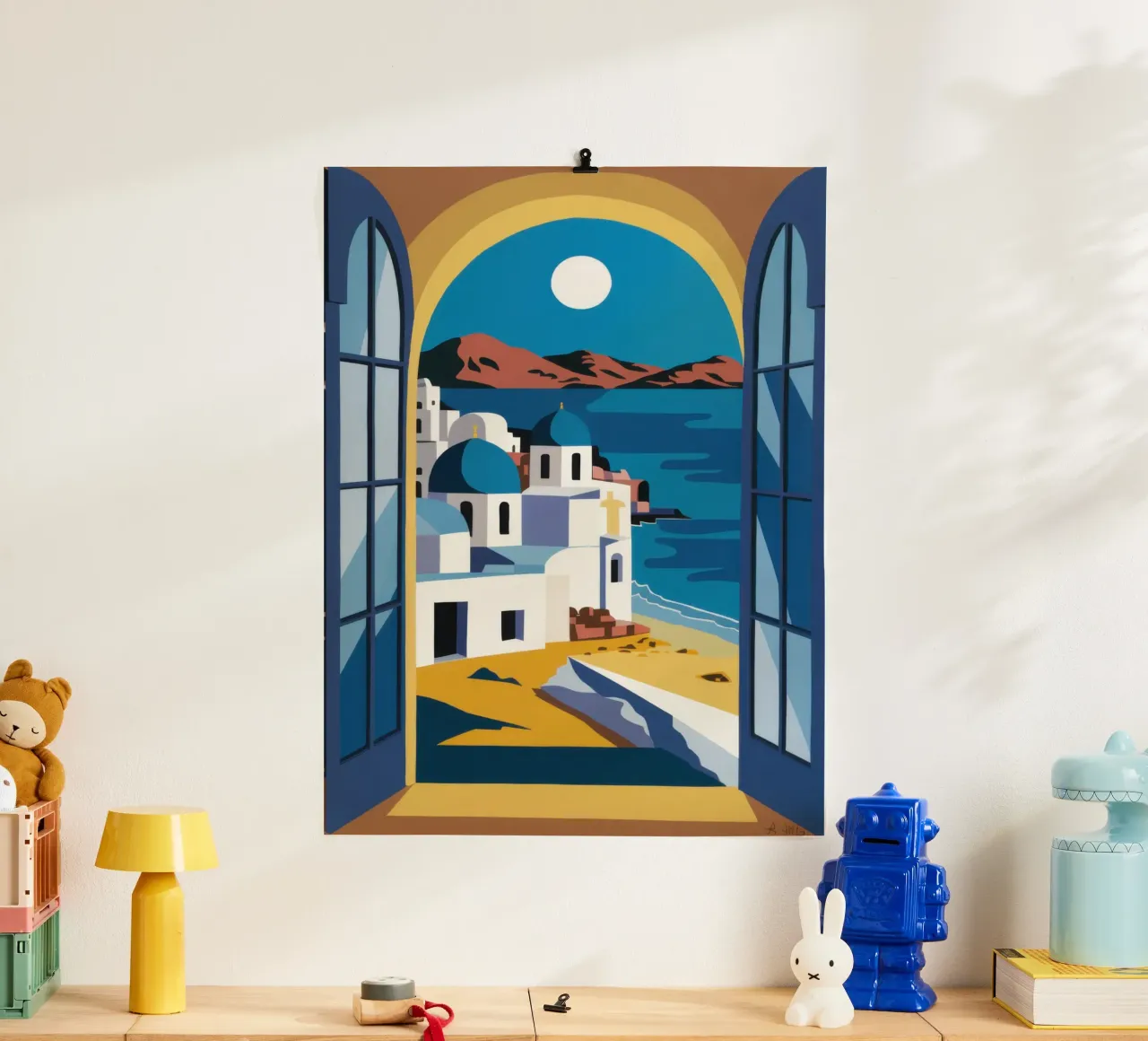 Azurblauer Bogen Santorin Poster mit Kunststoffrahmen von Dream Gesso