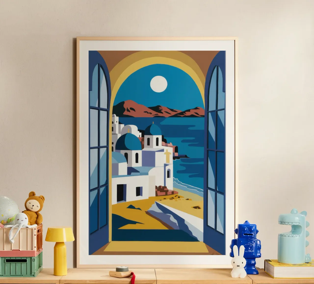 Azurblauer Bogen Santorin Poster mit Kunststoffrahmen von Dream Gesso