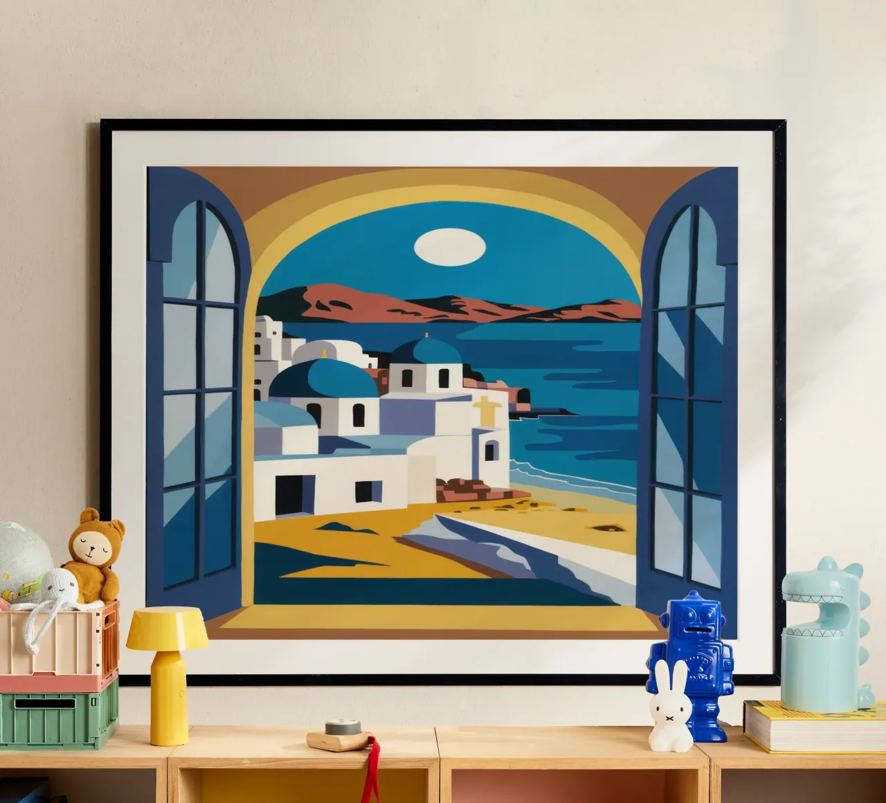 Azurblauer Bogen Santorin Poster mit Kunststoffrahmen von Dream Gesso