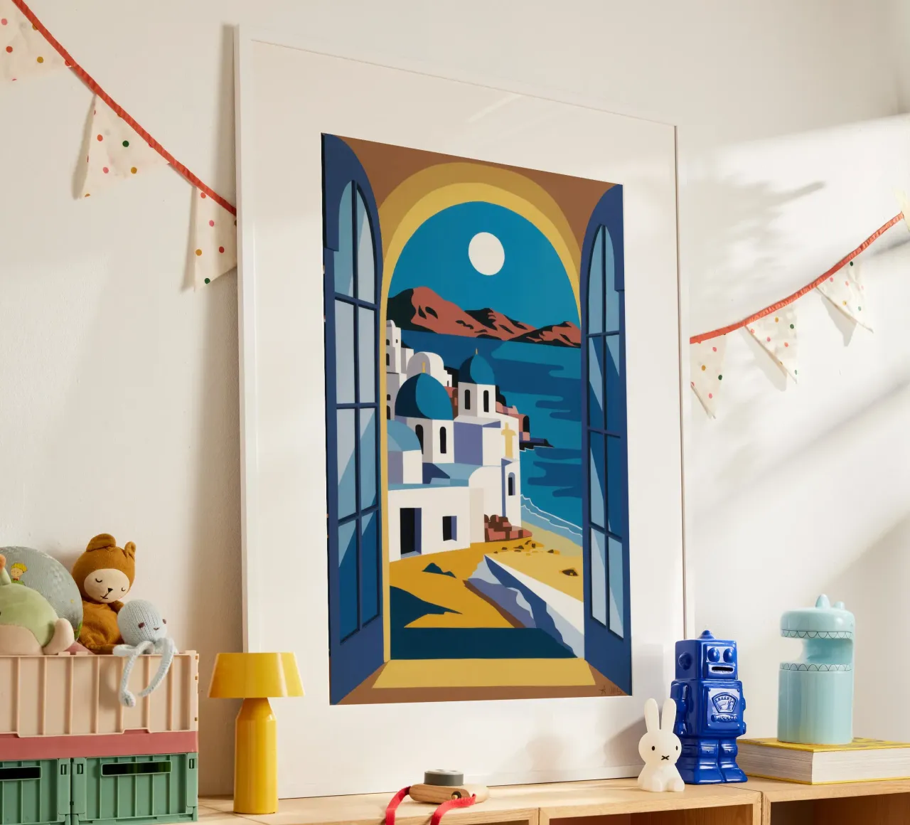 Azurblauer Bogen Santorin Poster mit Kunststoffrahmen von Dream Gesso