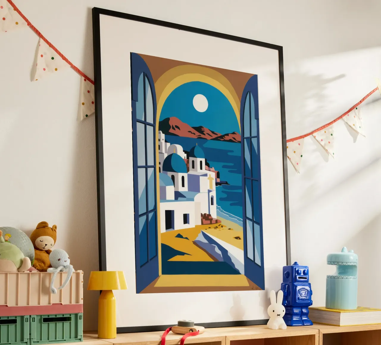 Azurblauer Bogen Santorin Poster mit Kunststoffrahmen von Dream Gesso