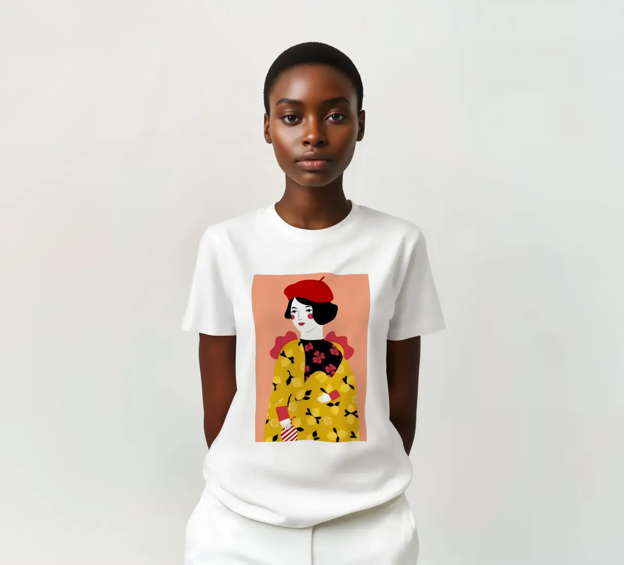 Béret dans un manteau jaune t-shirt de Flock Reverie