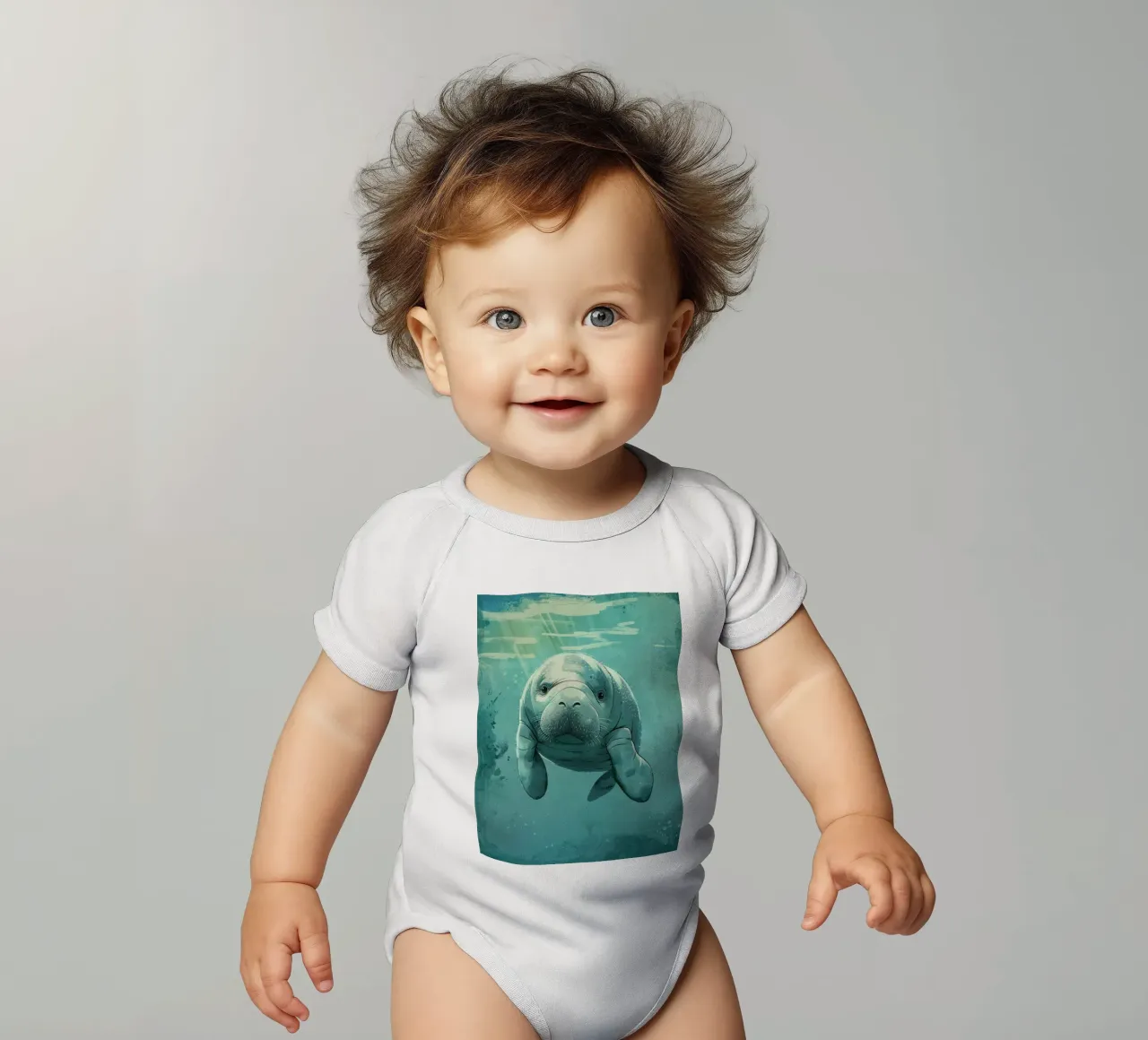 Manatí nadando graciosamente en agua clara con luz solar body de bebé de DesignDoodle