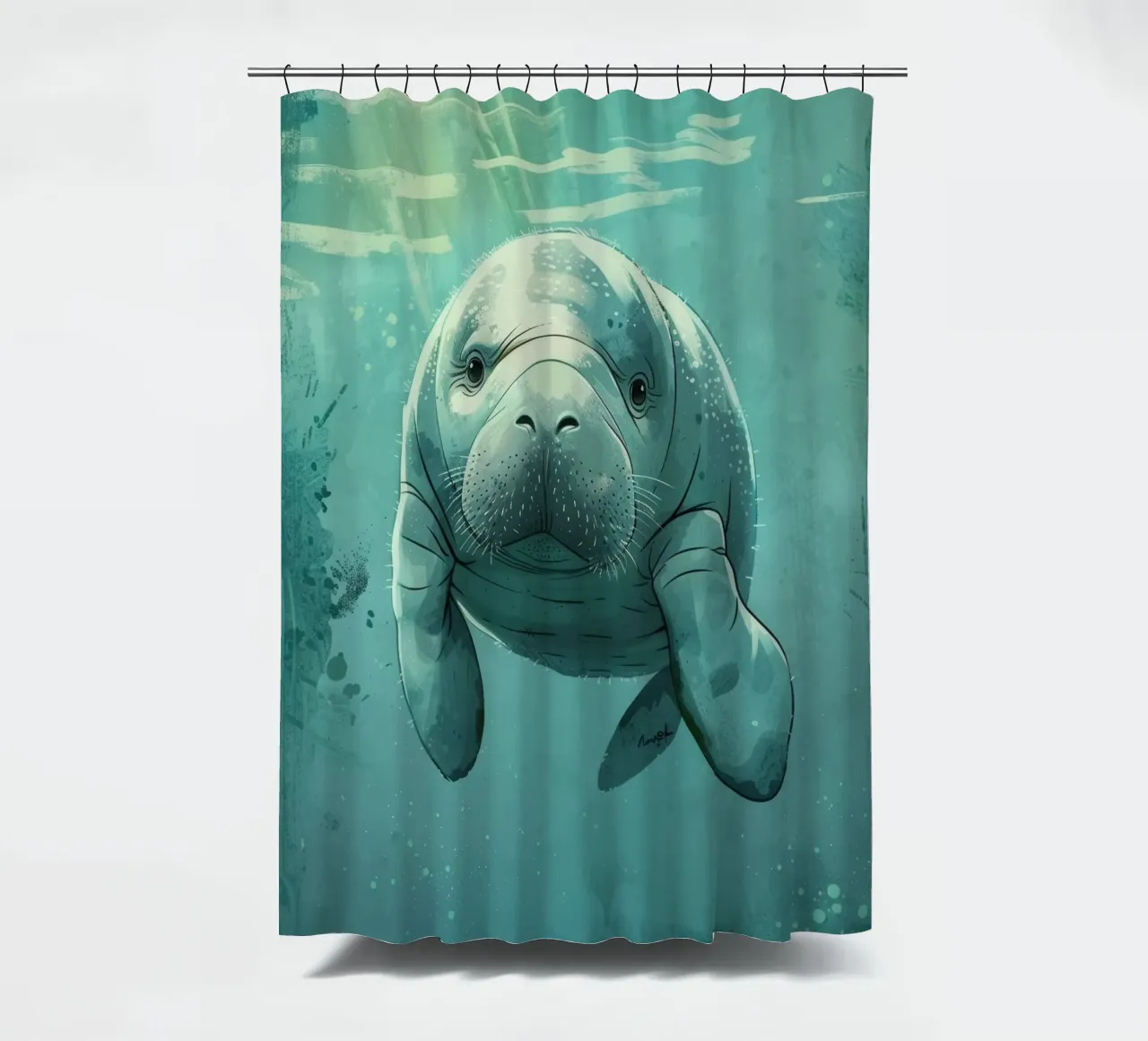 Manatí nadando graciosamente en agua clara con luz solar cortina de baño de DesignDoodle